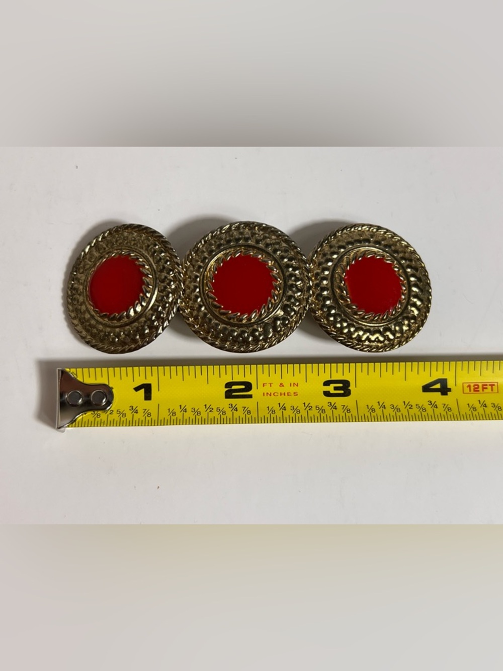 VTG Barrette Hair Clip Round Gold Toned Medallions Red Center Korea - Picture 2 of 7